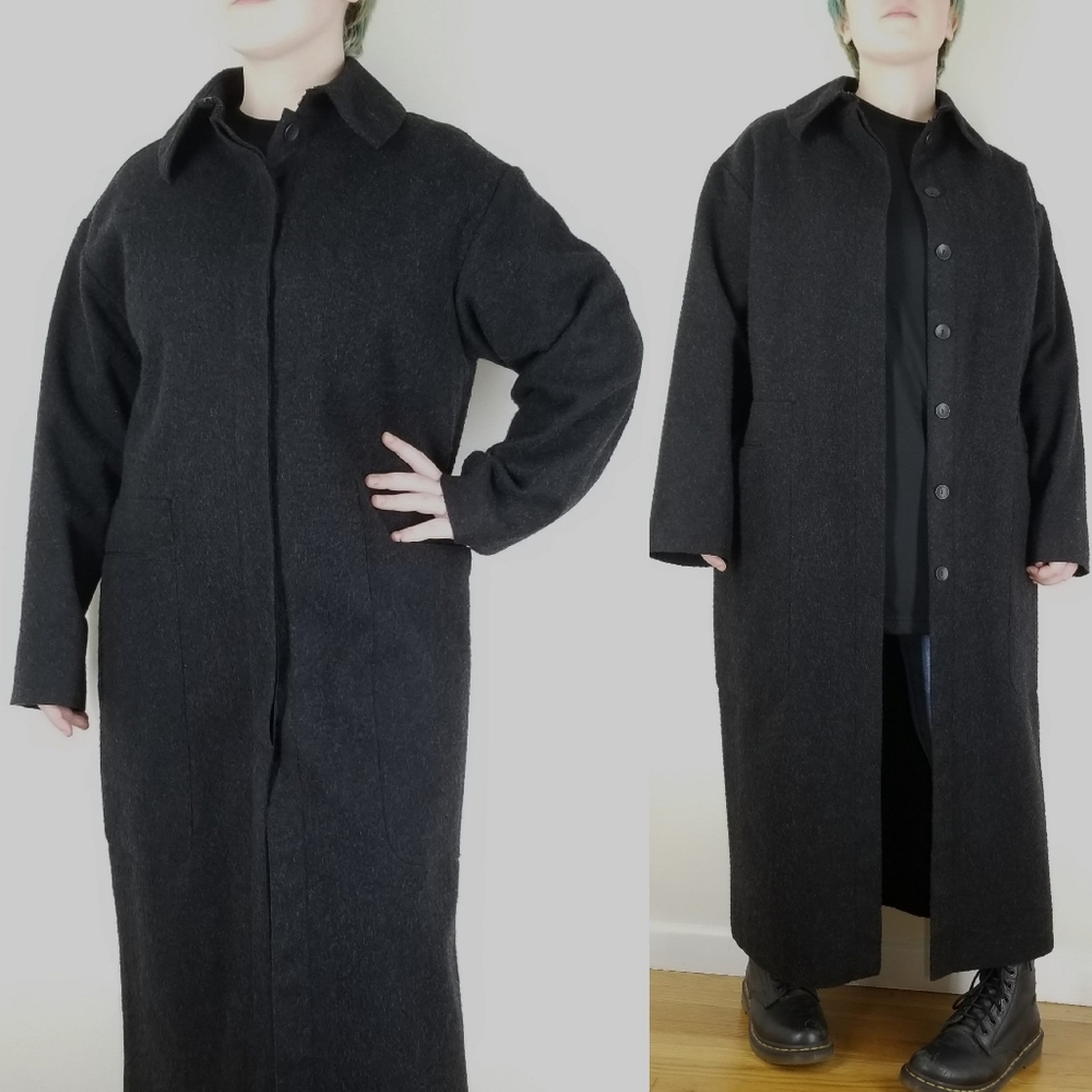 Vintage 90s EQUIPMENT Military Trench Coat Black Wool Grunge Emo Goth Top Coat
